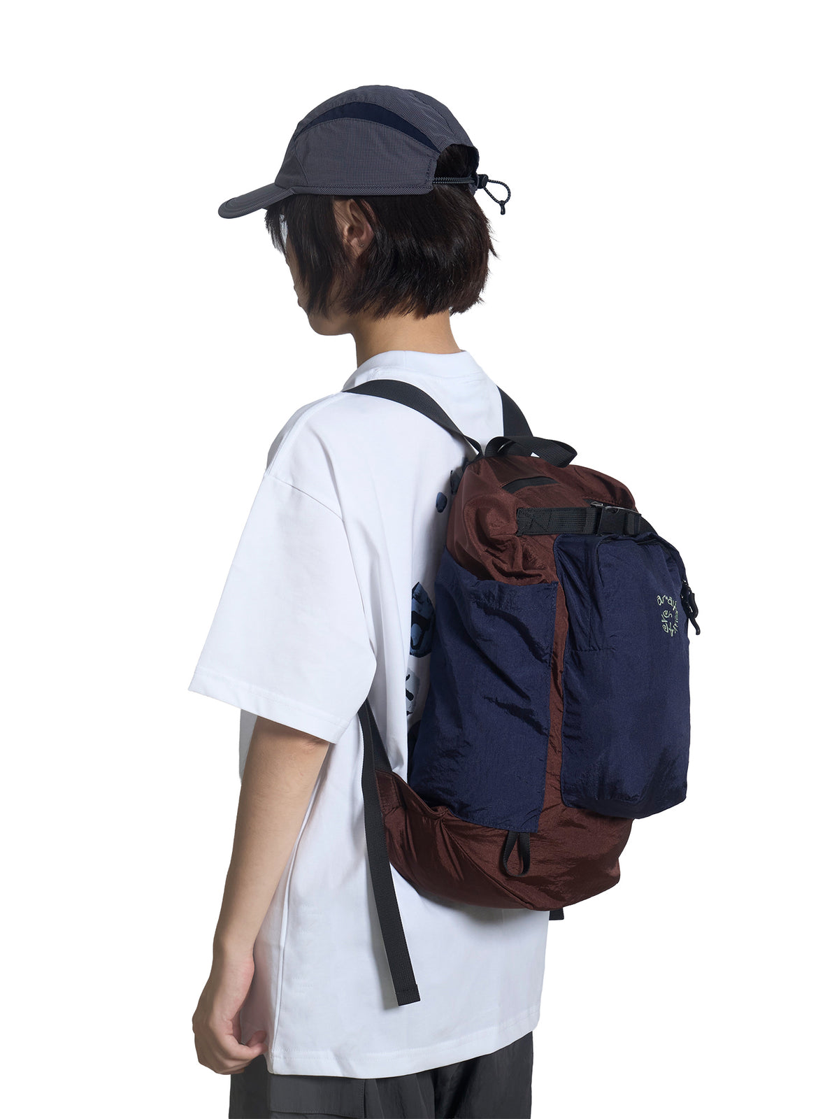Nylon Spiral Embroidery Backpack - Brown & Navy